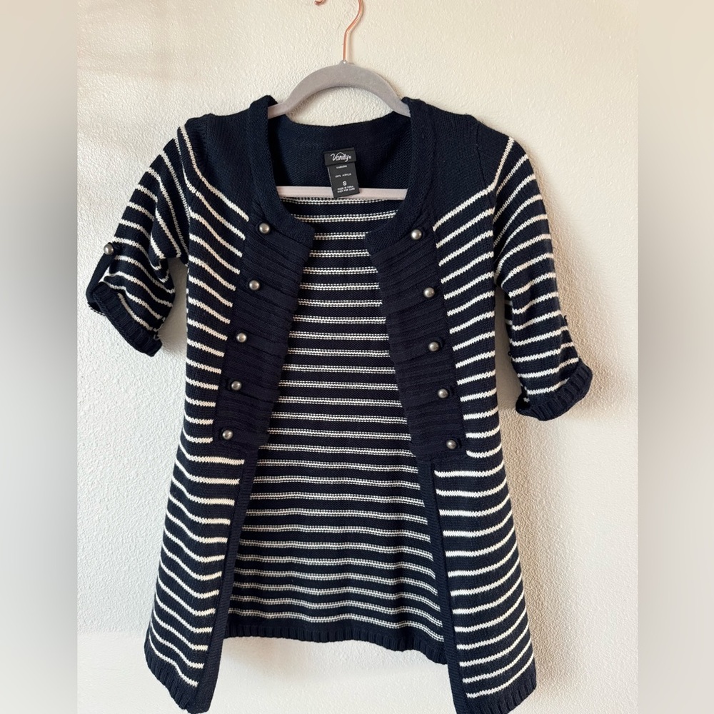 Y2K Navy & White Striped Button Knit Cardigan With Roll tab 3/4 Sleeves. Size S
